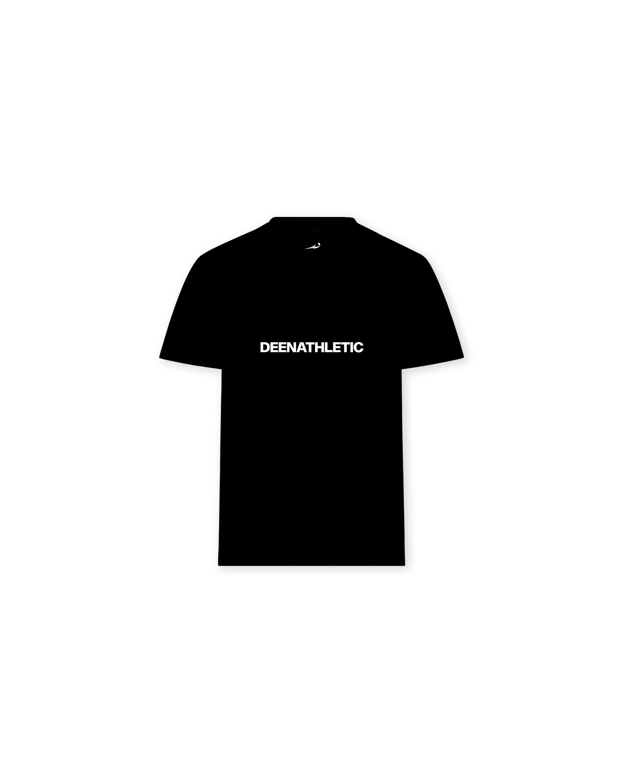 Black t-shirt with 'DEENATHLETIC' text on a white background