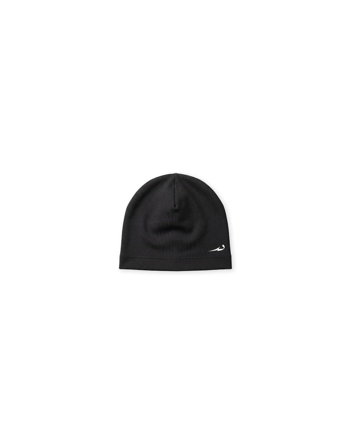 Black beanie with a logo on a white background