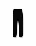 Black sweatpants with a small white logo on a white background