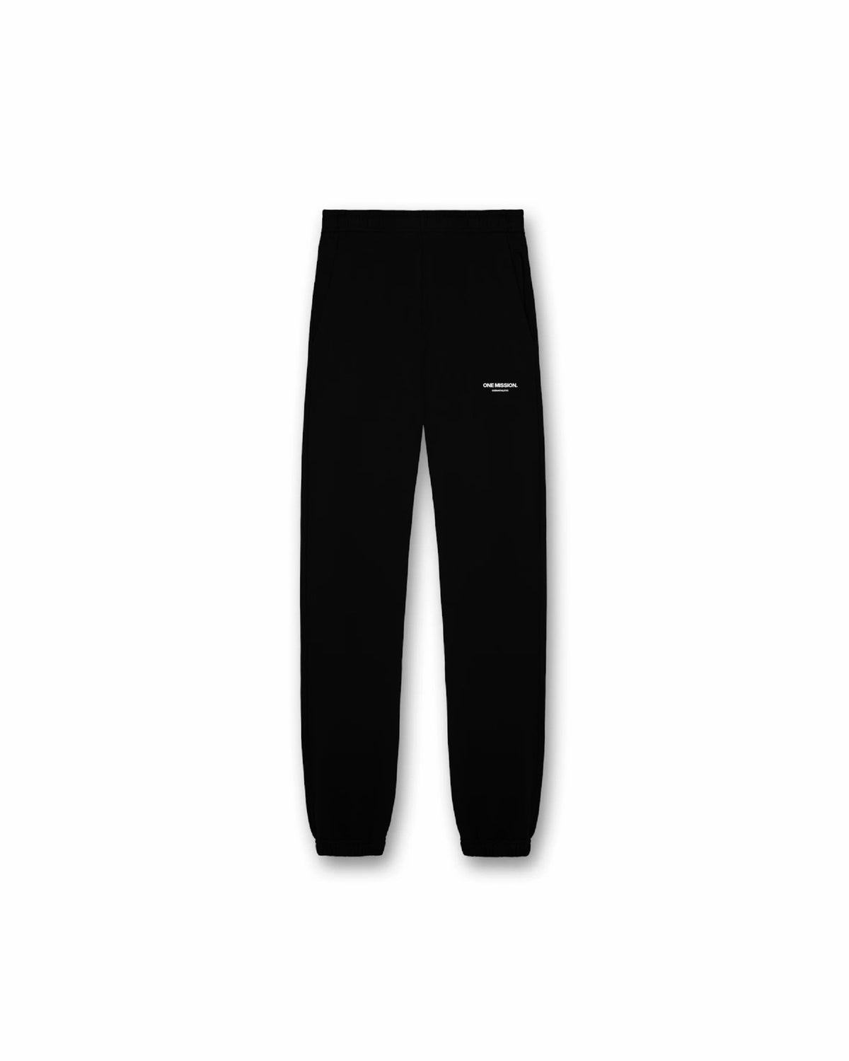 Black sweatpants with a small white logo on a white background