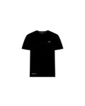 Black t-shirt with a small logo on a white background