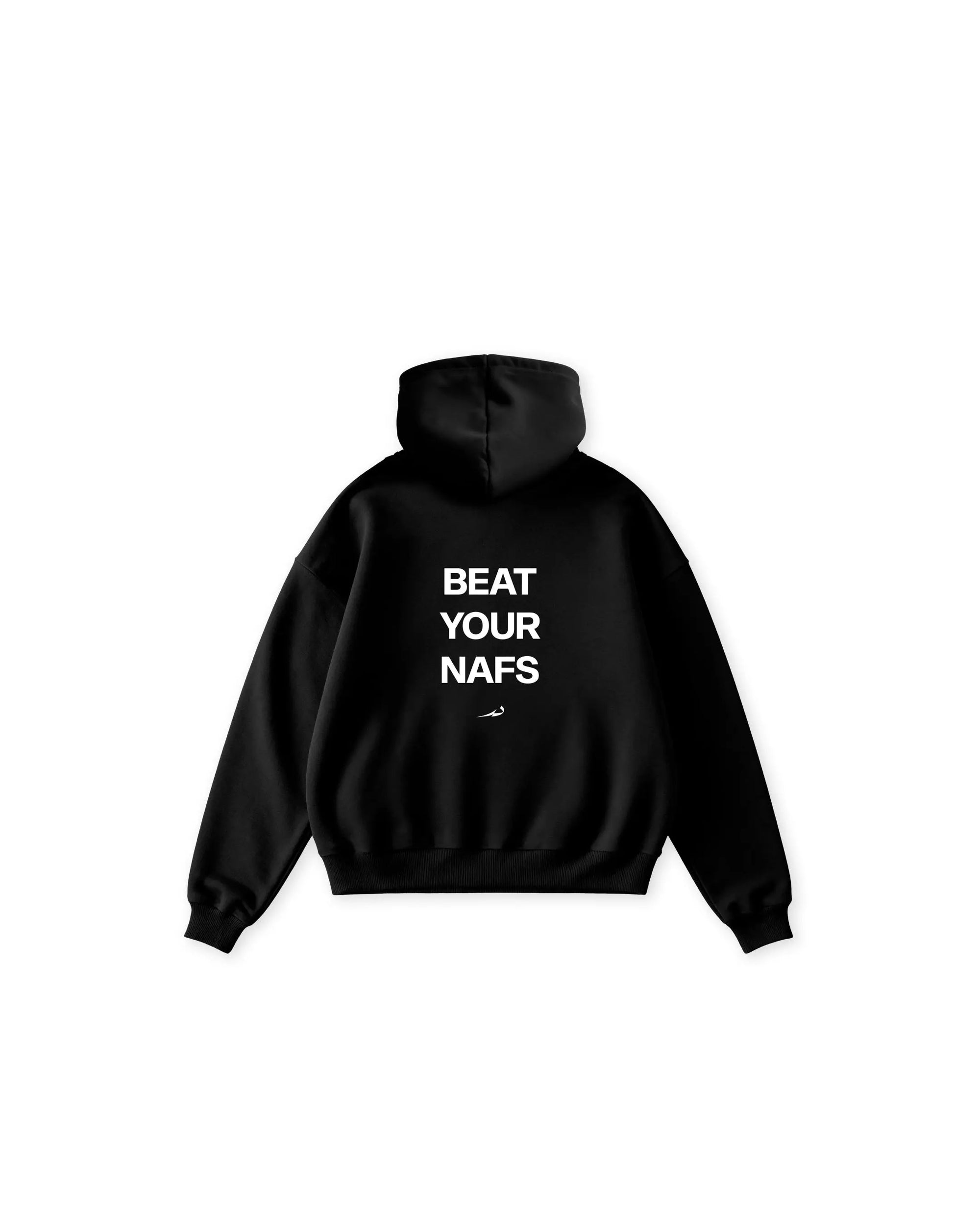 A black pullover hoodie shown from the back, featuring the phrase 'BEAT YOUR NAFS' printed in bold white capital letters with a small white Deenathletic logo underneath, displayed on a solid white background.