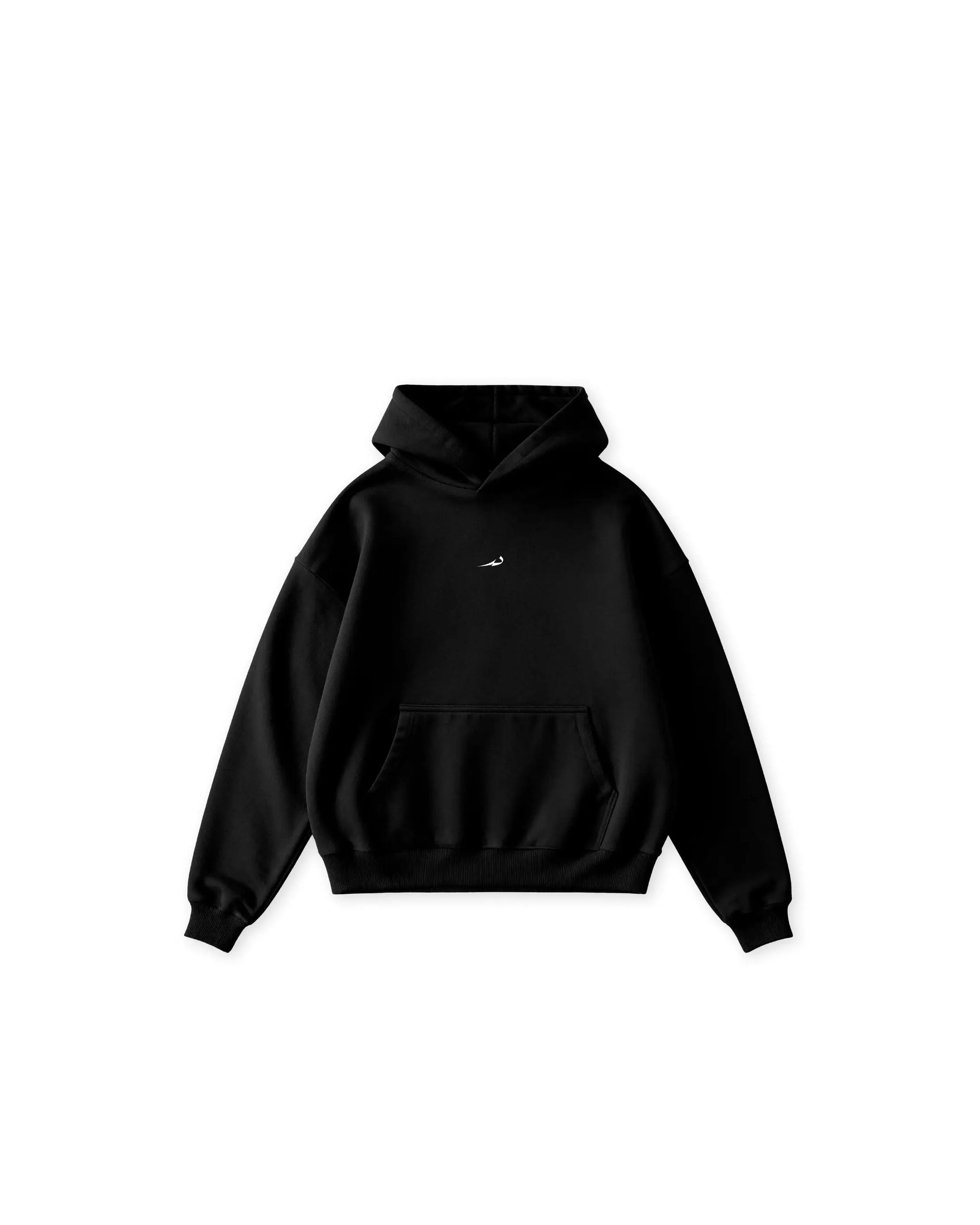 A black pullover hoodie with a small white printed Deenathletic logo on the middle chest, displayed flat against a solid white background.