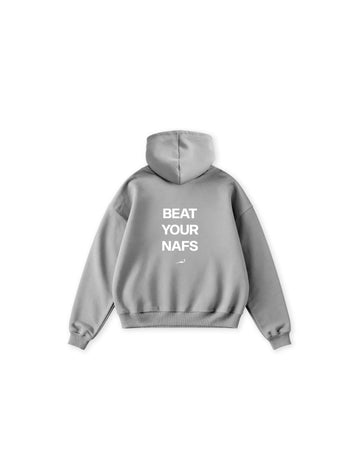 Grey hoodie with text on the back on a white background
