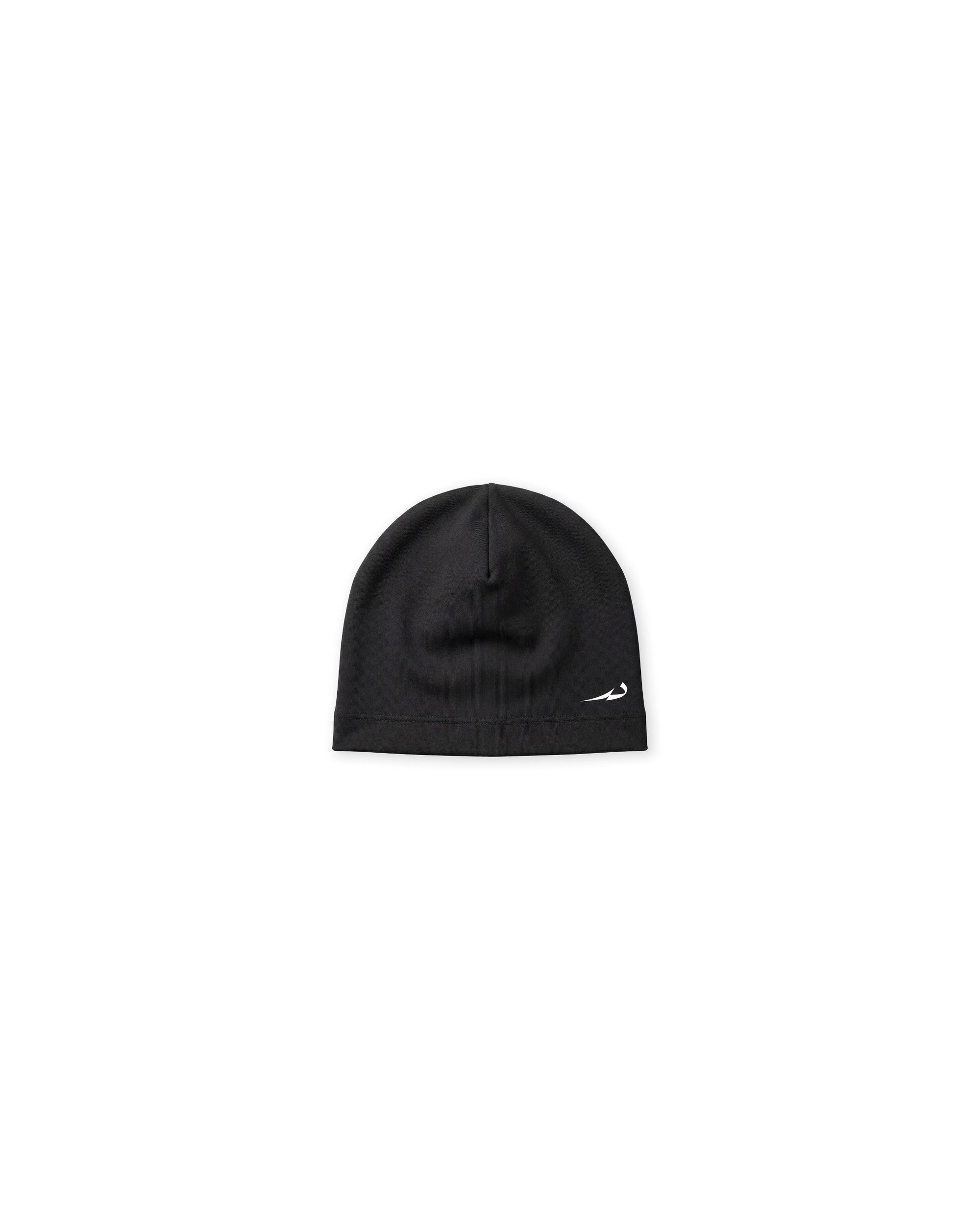 Black beanie with a logo on a white background