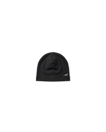 Black beanie with a logo on a white background