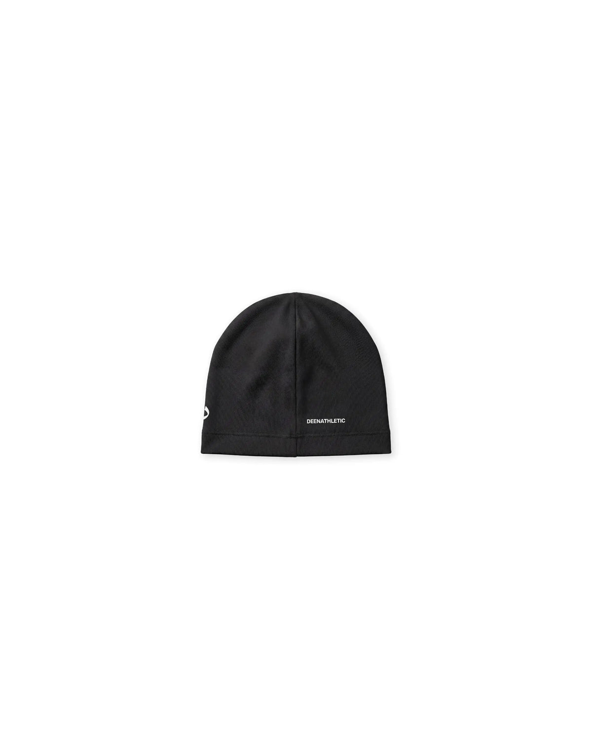 Black beanie with a brand logo on a white background